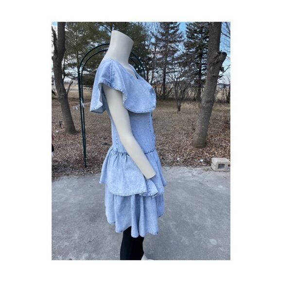 Vintage | 90s Tiered Denim Mini Dress Ruffle Circle Collar Sleeveless Two Roads - Picture 5 of 9